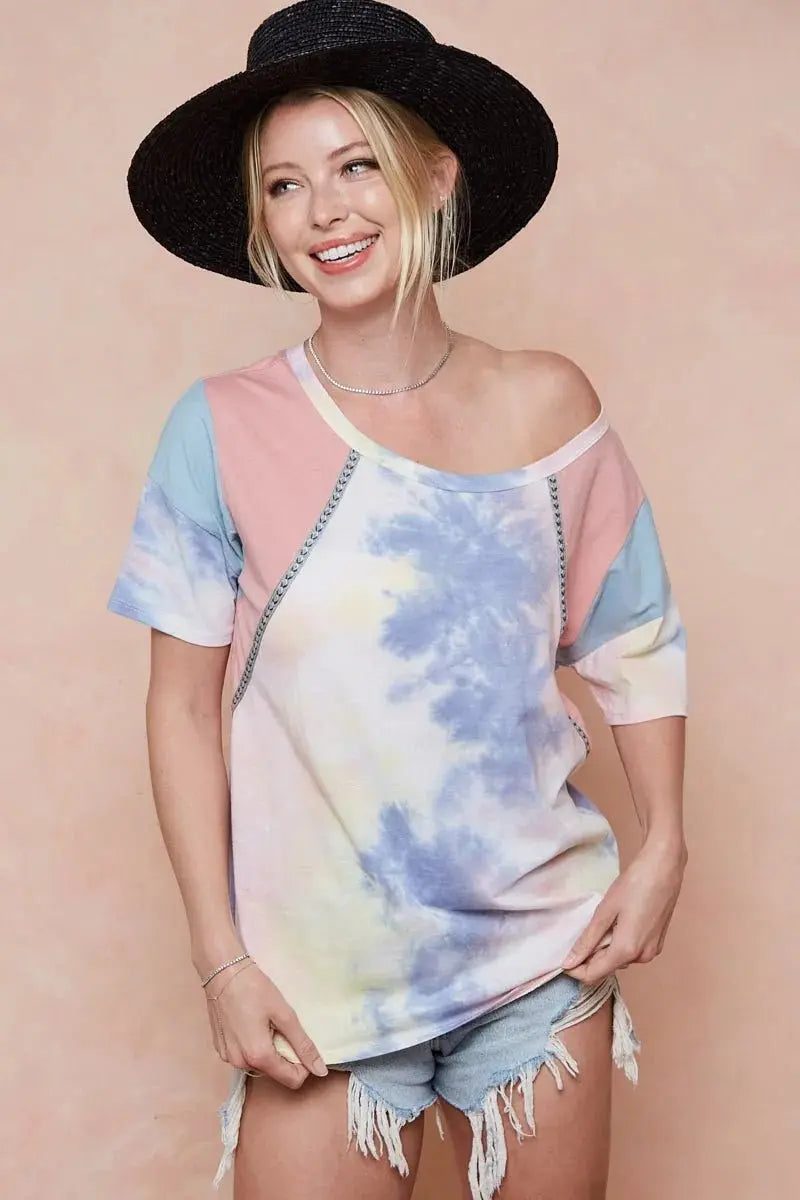 BiBi Tie Dye Printed Cotton Color Block T-Shirt for Women - Love Salve